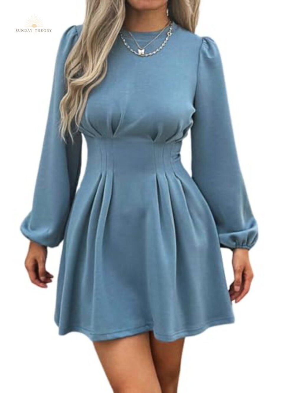 Women's Business Casual A-Line Mini Dress Long Puff Sleeve High Waist Office